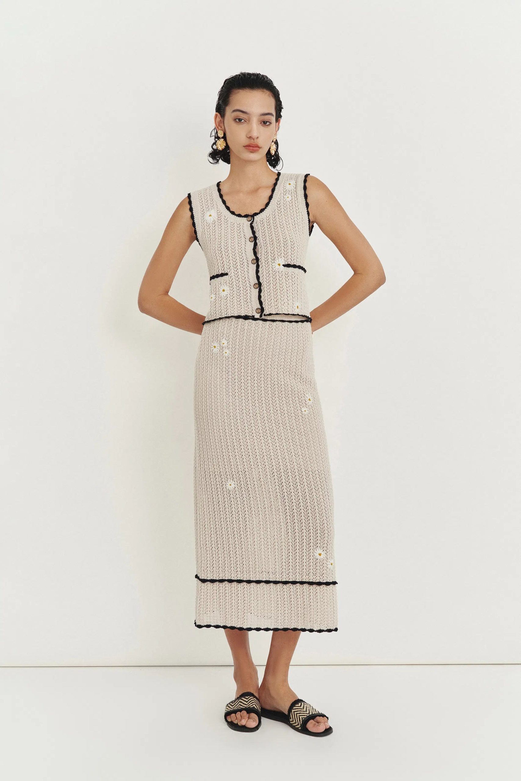 Azores Handcrafted Daisy Crochet Sleeveless Top and Palma Midi Skirt Set in Cotton-Linen Blend