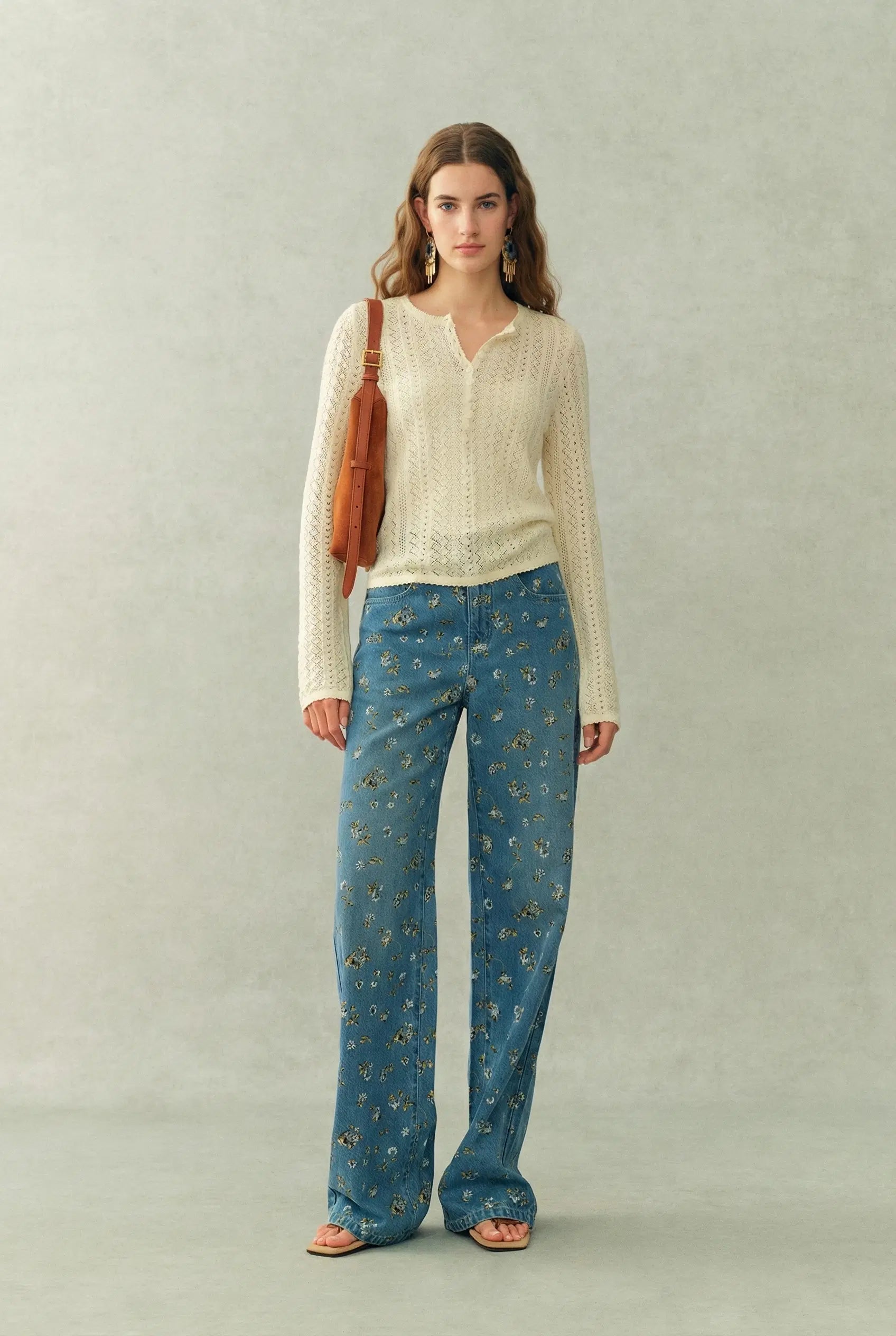 Barbara Openwork Textured Henley-Neck Top In Fine Cotton Yarn Knit