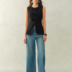 Becky Bow Tie Sleeveless Vest Top in Linen-Blend Suiting