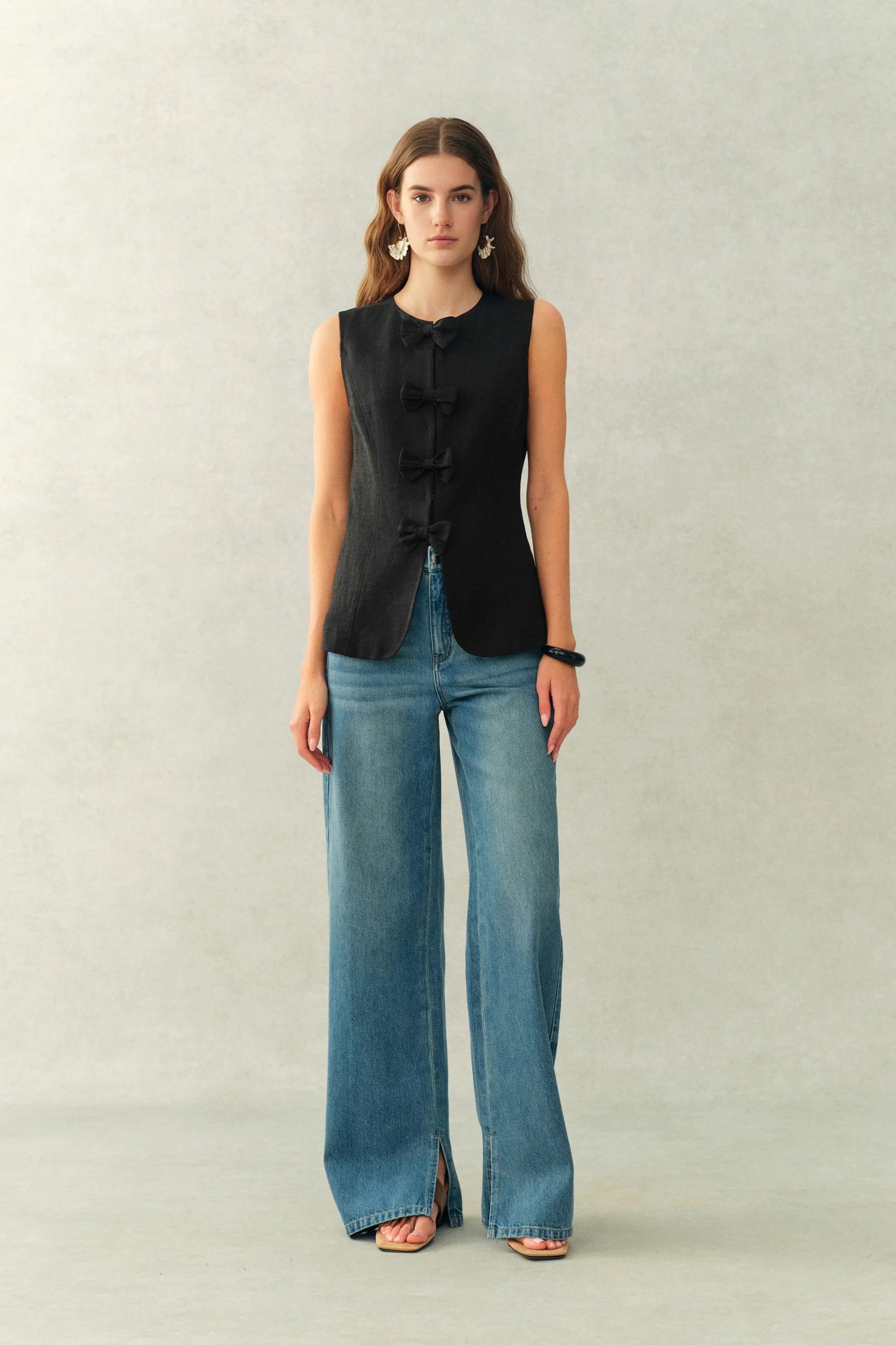 Becky Bow Tie Sleeveless Vest Top in Linen-Blend Suiting