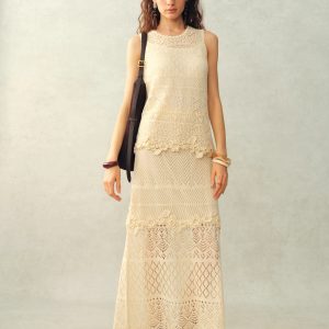 Beatrice 3D Floral Openwork Top and Skirt Matching Set in Linen Knit