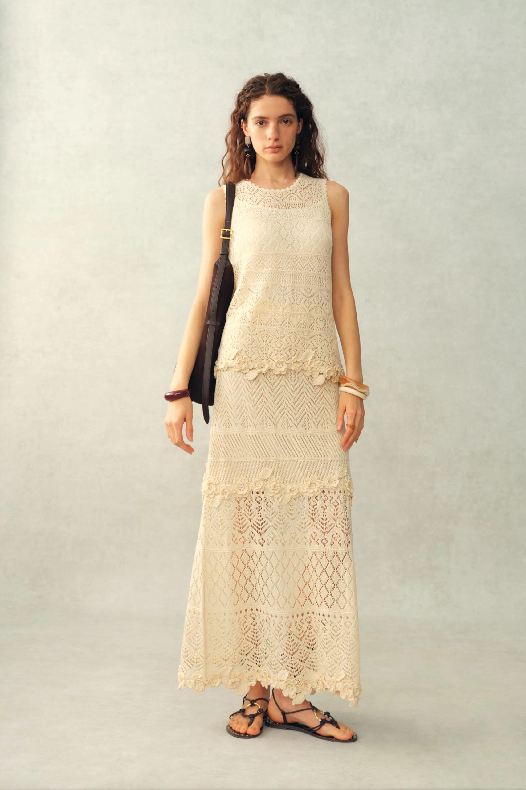 Beatrice 3D Floral Openwork Top and Skirt Matching Set in Linen Knit